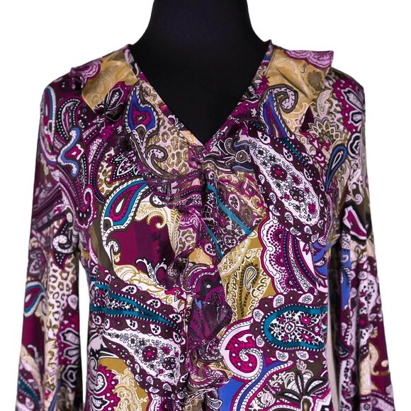 Chico's Women's Blouse Multicolor Paisley Stretch Ruffle V-Neck Shirt Top 1 M/8 - Picture 4 of 8